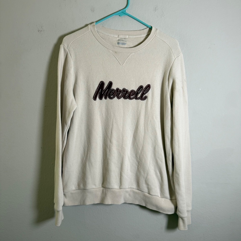 Merrell Mens Large Cream Organic Cotton Blend Chenille Logo Crewneck Sweatshirt